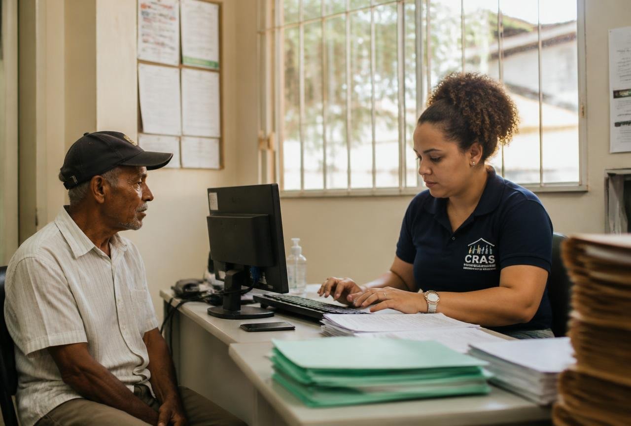 Assistente social atendendo idoso em unidade do CRAS e preenchendo o formulário do Cadastro Único no computador