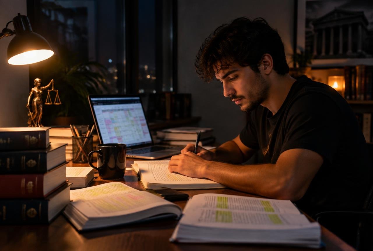 Estudante brasileiro estudando à noite em mesa com livros de direito, resumos destacados e notebook com cronograma de estudos