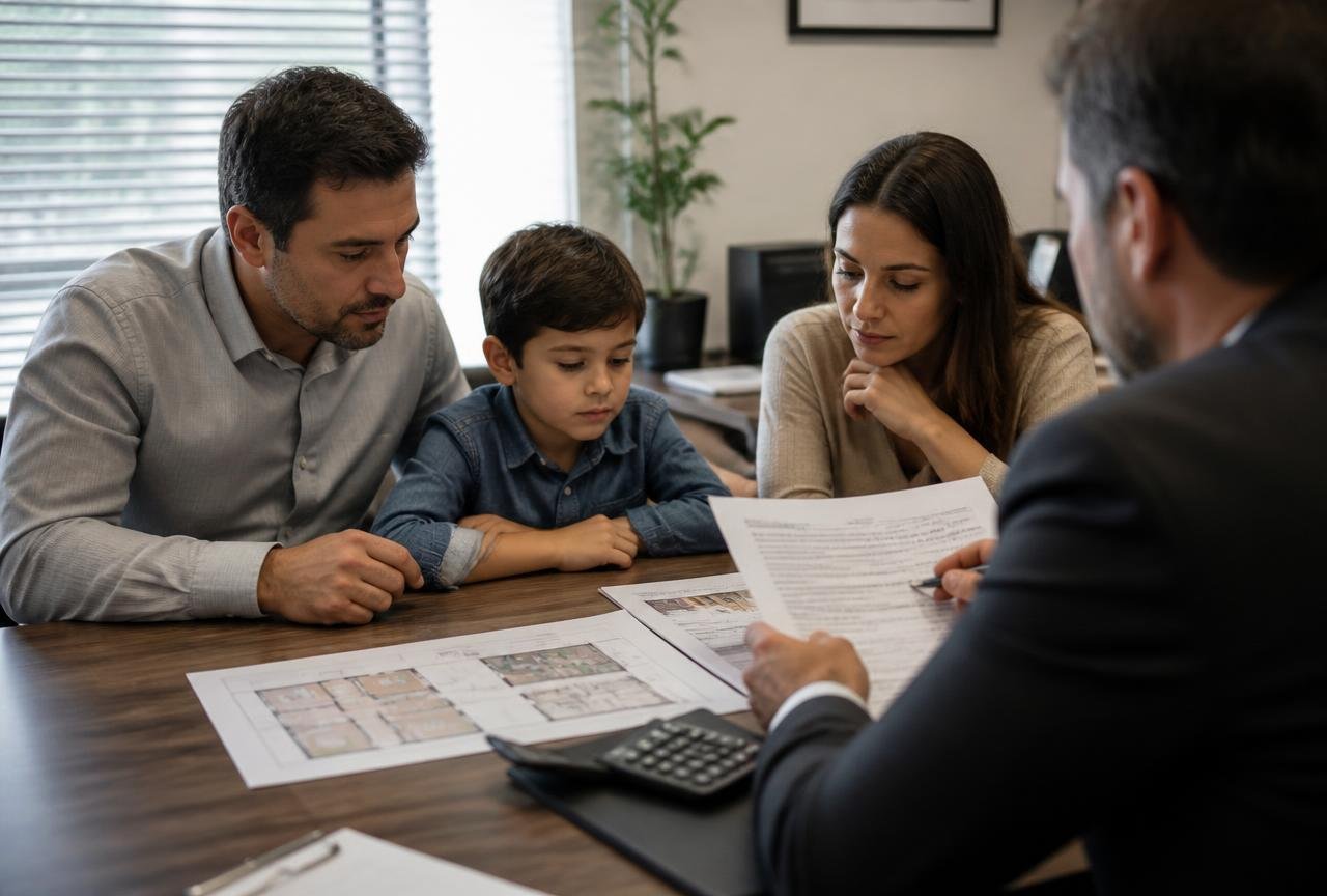 Família brasileira analisando documentos e planta de imóvel com um agente bancário durante atendimento